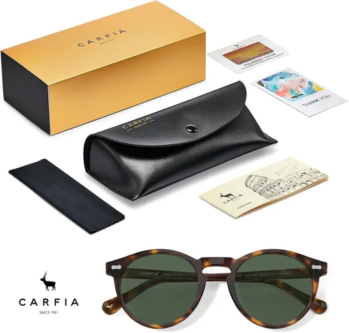 Vista 34 de CARFIA Gafas de sol polarizadas de acetato redondo para mujer, protección UV de cara pequeña con funda de cuero CA5288