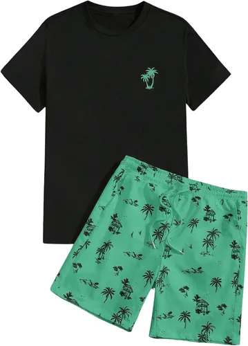 Vista 50 de GORGLITTER Conjunto de 2 piezas de camiseta gráfica de manga corta para hombre, estampado hawaiano con cordón y pantalones cortos
