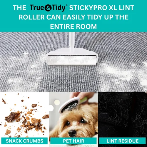 Vista 9 de True & Tidy StickyPro - Juego de rodillos de pelusa XL con 2 repuestos de rodillos para pelusas, resistente, duradero, mango ajustable, funciona muy
