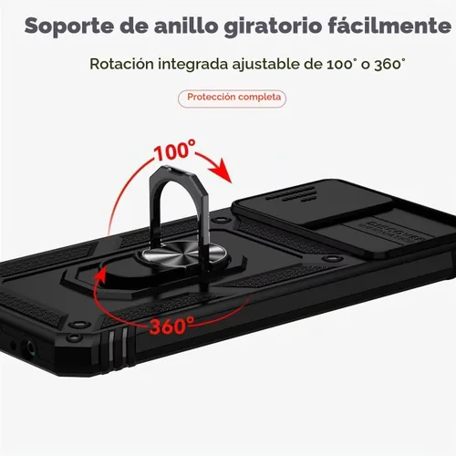 Vista 5 de Funda para Redmi Note 10/Redmi Note 10S/Poco M5S con protector de pantalla de vidrio templado y cubierta de cámara deslizante, anillo magnético Negro