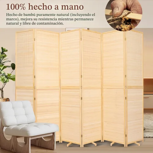 Vista 2 de Divisor de pared de bambú de 6 paneles, pantalla plegable con base extra