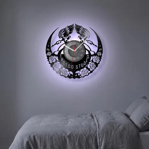Vista 9 de Reloj de pared de disco de vinilo de tatuaje, 7 LED de retroiluminación de Con LED