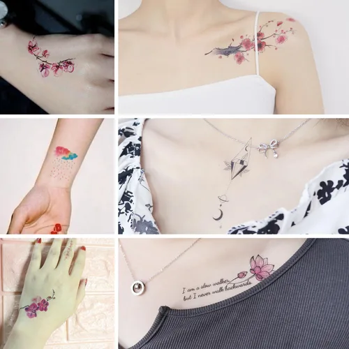 Vista 2 de Tatuaje temporal impermeable de 10 brazos rosa rojo rosa rosa flor grúa palabras + 7 hojas de cuello lindo hoja de nube