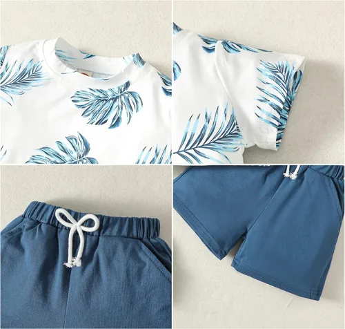 Vista 5 de AMAWMW Trajes de verano hawaianos para bebés y niños pequeños, camiseta de hoja de palmera, pantalones cortos con bolsillos, 2 piezas, ropa tropical