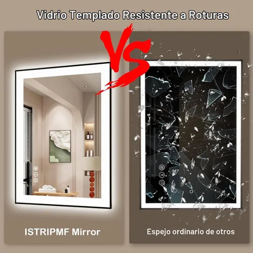 Vista 6 de Espejo de baño LED de 20x28 pulgadas con marco negro, espejos de baño retroiluminados y con luz frontal para pared, antiempañamiento, regulable