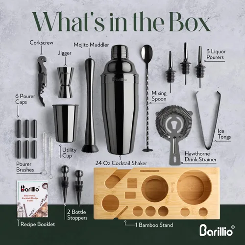 Vista 5 de Barillio Black Bartender Kit – Juego de coctelera de acero inoxidable con soporte de bambú – Herramientas de barra de mixología con coctelera