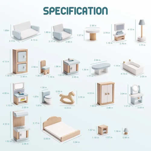 Vista 7 de ROBOTIME Muebles para Casa de Muñecas, Juego de Muebles de Madera para Casa de Muñecas, Set de 23 Piezas de Accesorios y Muebles para Casa