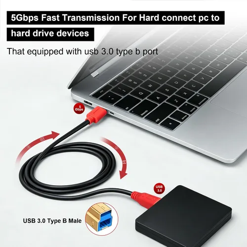 Vista 3 de Tan QY Cable USB 3.0 A macho a B macho de 1 pie, tipo A a B macho compatible con unidades de disco duro, impresoras, escáner, concentrador USB