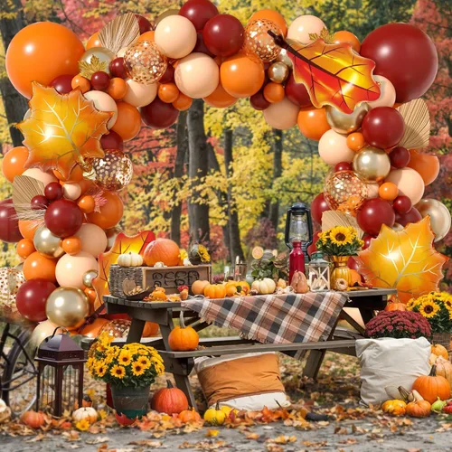 Vista 4 de Kit de arco de globos naranjas, guirnalda de globos de otoño de Acción de Gracias con globo de papel de aluminio de hoja burdeos naranja quemado Día