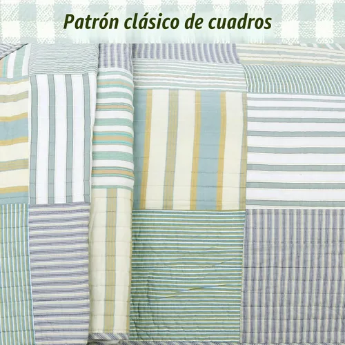 Vista 4 de Cozy Line Home Fashions Juego de ropa de cama de retazos reales a cuadros y rayas verdes, amarillos y azules, 100% algodón, colcha reversible