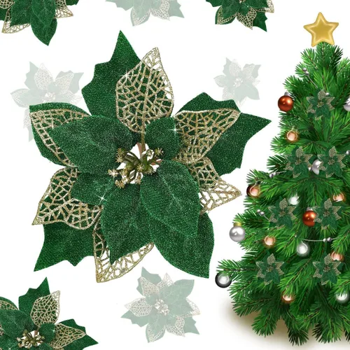 Vista 11 de (paquete de 12) adornos para árbol de Navidad con purpurina y flores