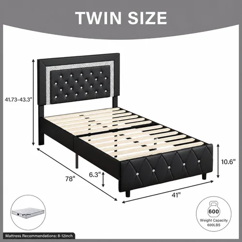 Vista 2 de BarnFurin Base de cama individual con cabecero, cama tapizada con diseño capitonado de diamante, marco de cama para niños con soporte de listones