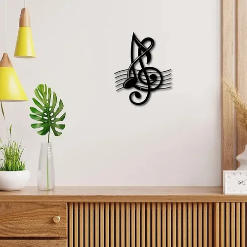 Vista 6 de CREATCABIN Notas musicales de metal para decoración de pared, letreros de pared negros para colgar en hierro, escultura de adorno de metal