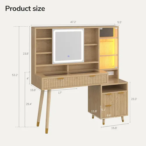 Vista 2 de DICTAC Escritorio de maquillaje estriado de 53 pulgadas con luces y espejo deslizante, tocador superior de vidrio con cajones y gabinetes de vidrio