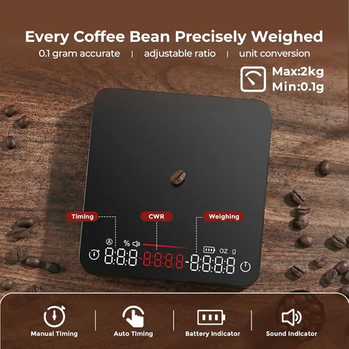 Vista 4 de Báscula de café mini con temporizador, báscula recargable USB-C de 4.4 lbs/0.00 oz, báscula de alta precisión para café expreso y café