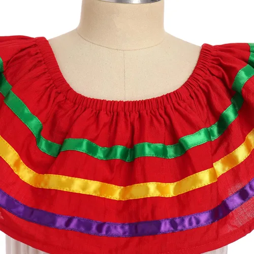 Vista 5 de IBTOM CASTLE Vestido mexicano para niñas, vestido folklórico tradicional con cinturón Rojo