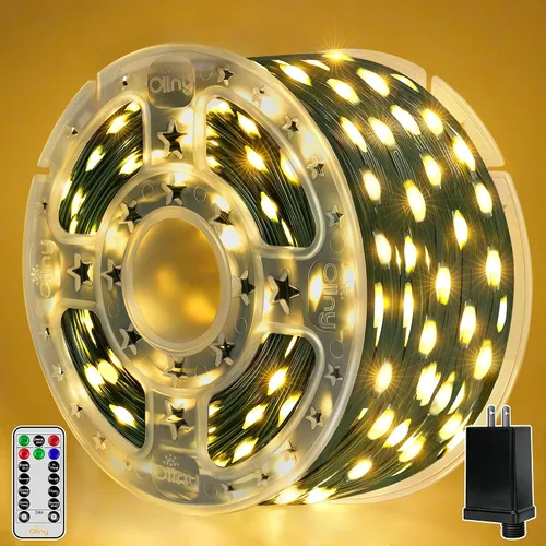 Vista 4 de Ollny Luces de Navidad, 198 pies, 600 LED para exteriores, impermeables, con enchufe, luces para árbol de Navidad con 8 modos, control remoto
