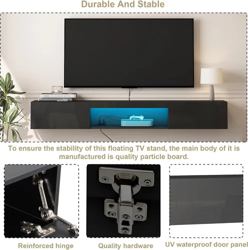 Vista 6 de Soporte flotante para TV montado en la pared con toma de corriente, moderno centro de entretenimiento flotante para TV de 70 pulgadas, estante
