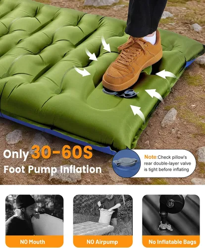 Vista 4 de Colchoneta de dormir para campamento, de 5.9 pulgadas de grosor, con almohada integrada y bomba de pie, almohadilla de dormir autoinflable Azul
