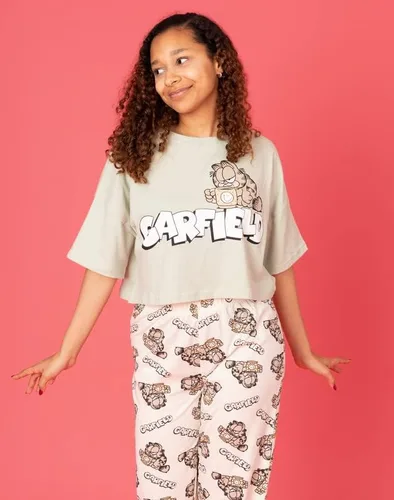 Vista 4 de Garfield Pijama para mujer Camiseta verde perezosa para adultos y mujeres con pantalones largos color crema, mercancía de película