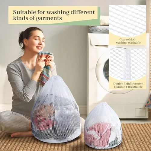 Vista 5 de Fabbay 12 bolsas de malla para lavandería con cordón de malla blanca resistente, lavable a máquina, bolsa con cordón, bolsa de lavado de red, bolsa