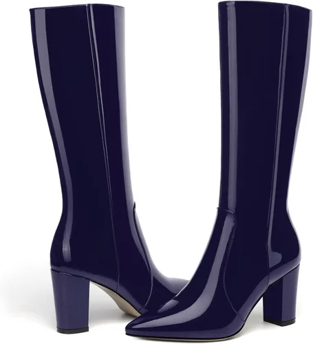Vista 76 de AMBELIGHT Botas altas hasta la rodilla con cremallera y puntera puntiaguda para mujer, de patente sólida, tacón alto, 3.3 pulgadas