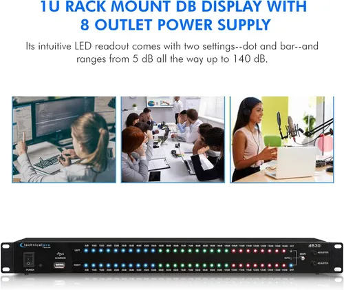 Vista 7 de Technical Pro Pantalla DB de montaje en rack de 1U con protector de sobretensiones de fuente de alimentación de 8 salidas con puertos de carga USB