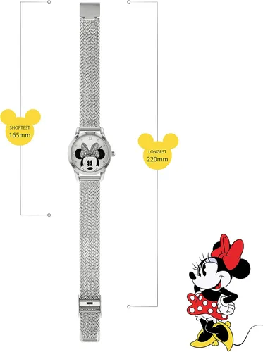 Vista 5 de Disney Reloj analógico clásico de cuarzo para mujer con correa de acero inoxidable MN8008, Plateadonegroblanco, Pulsera