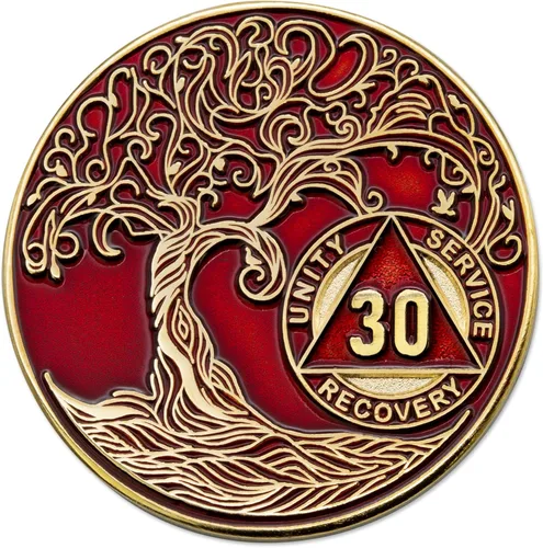 Vista 260 de 1 año Sobriety Mint Twisted Tree of Life Medallón de recuperación AA chapado en oro, chip/ficha - negro