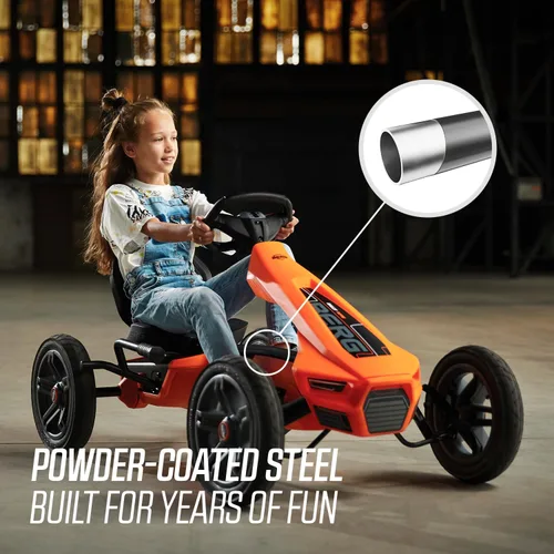 Vista 5 de BERG Pedal Kart Rally NRG Naranja Vehículo para niños, kart de pedal con asiento ajustable, con rueda libre, juguetes para niños adecuados