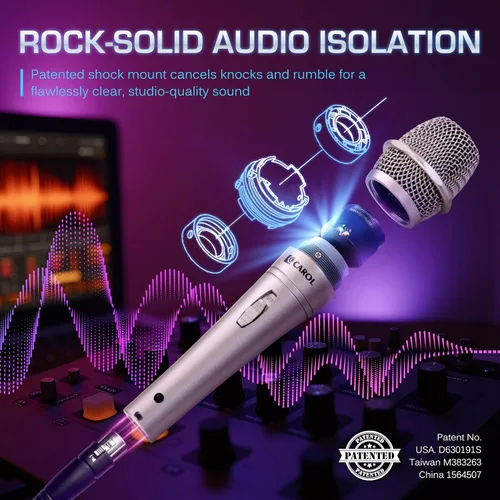 Vista 3 de CAROL E dur-916S - Micrófono vocal dorado XLR con cable para cantar, micrófono supercardioide dinámico con sistema de montaje de doble choque