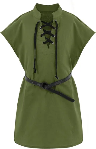 Vista 6 de Camisetas de pirata renacentista para niños, estilo vikingo, medieval, sin mangas, con cordones, de algodón escocés