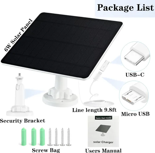 Vista 7 de Panel solar para cámara de seguridad, panel solar USB de 6 W para cámaras DC 5 V, cargador de panel solar de cámara micro USB y USB-C, cargador