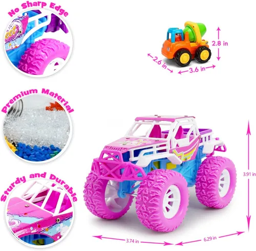 Vista 2 de Pink Toys Auto para niña pequeña, paquete de 2 camiones de juguete Push and Go de 6.3 pulgadas para niños de 3, 4, 5, 6 años, con luces LED, música