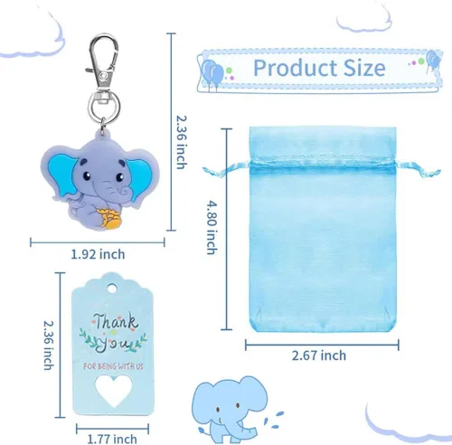 Vista 4 de Juego de 50 llaveros de elefante para baby shower, recuerdos de fiesta temática de elefante, suministros de fiesta de cumpleaños para niños y niñas