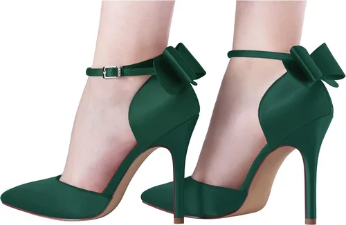 Vista 2 de ERIJUNOR Zapatos de satén de tacón alto con lazo para mujer, para fiesta de noche, baile, boda, zapatos de satén