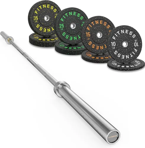 Vista 26 de Olympic Barbell Set, 2-Inch Bumper Plates with Weight Plate Rack Colored Crumb Rubber Weight Plates for Weight Lifting & Strength Training, 90–530
