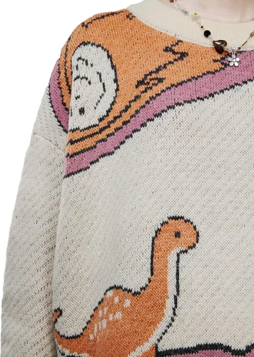 Vista 4 de Aelfric Eden Suéteres gráficos de Navidad, con diseño de dinosaurio, lindo suéter vintage de gran tamaño con cuello redondo de punto, Beige
