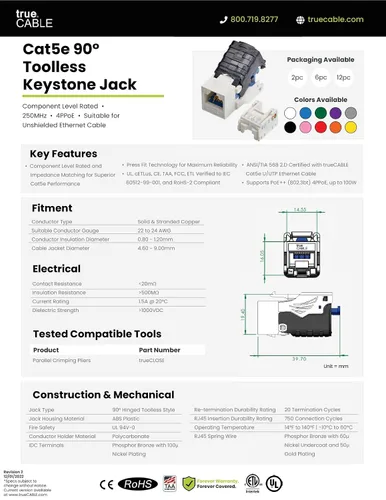 Vista 8 de TRUE CABLE Conector Keystone sin herramientas Cat5e, sin blindaje (UTP), PoE++ (4PPoE) 100W, certificación UL, verificado ETL, certificado ANSI/TIA