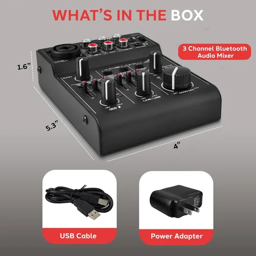 Vista 6 de Pyle Mezclador de audio Bluetooth de 3 canales - Controlador de sonido DJ e interfaz de tarjeta de sonido USB para grabación de PC, entrada XLR
