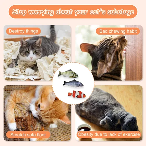 Vista 7 de Andiker Juguetes interactivos para gatos (3 unidades), juguetes rellenos de algodón con forma de pez para gatos de interior, juego de juguetes