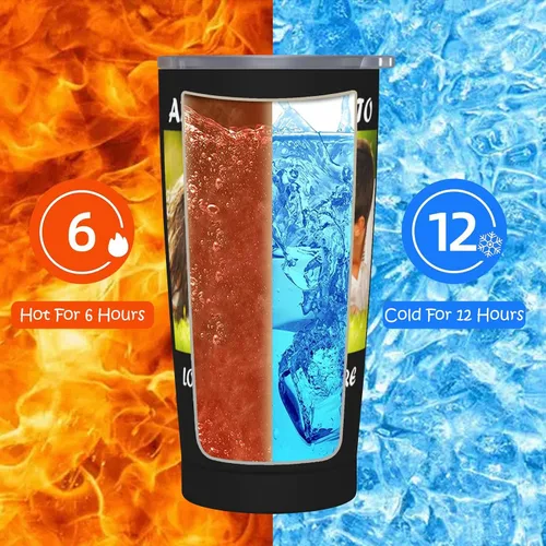 Vista 5 de Vaso de café personalizado con imagen, texto, nombre, logotipo, foto personalizada, vaso de acero inoxidable de 20 onzas con tapa y aislamiento al