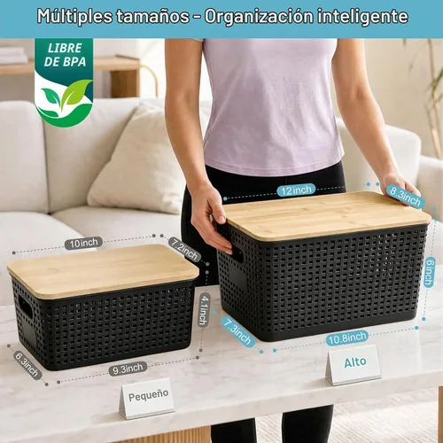 Vista 9 de Contenedores pequeños de plástico con tapas de bambú de 5.2 cuartos de galón, cesta apilable para despensa, contenedores decorativos lindos