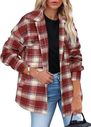 Vista 19 de Beaully Chaqueta-Camisa de Franela a Cuadros para Mujer, Trajes de Otoño 2025, Camisa de Manga Larga con Botones, Chaqueta Abrigo con Bolsillos Negro