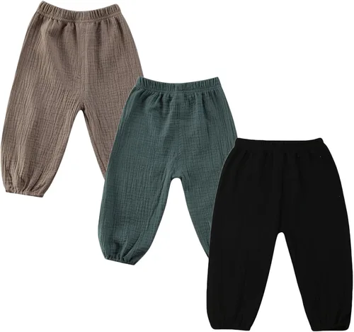 Vista 31 de Paquete de 3 pantalones de algodón y lino para bebés, niños y niñas, color liso, ropa básica para bebés