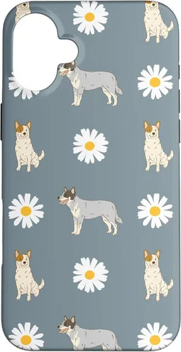 Vista 22 de Funda azul para iPhone 16 con diseño de perro Heeler y margarita azul polvoriento