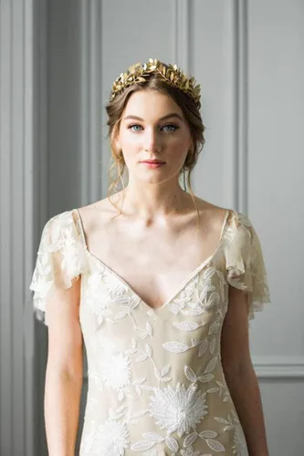 Vista 2 de Diadema de corona de hojas doradas para novia, tiara nupcial, diadema para boda, graduación, festival, dama de honor, accesorios para el cabello