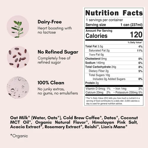 Vista 2 de Pop & Bottle, Lattes de leche de avena, infusión fría con melena de león y reishi, aceite MCT, infusión fría de un solo tiro, champiñones, orgánico