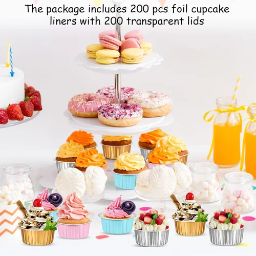Vista 6 de Thenshop 200 mini tazas de aluminio para hornear de 5 onzas con tapa, moldes desechables para tartas, cumpleaños, boda, fiesta, papel de aluminio