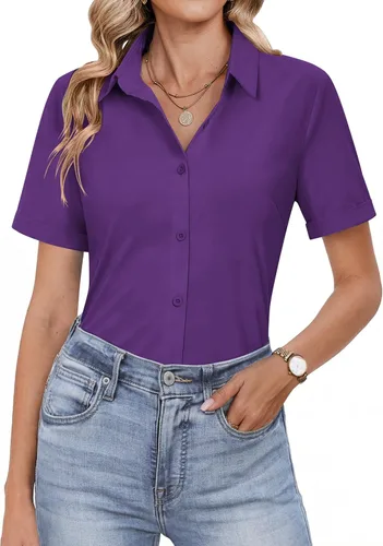 Vista 10 de HOTOUCH Camisas con botones para mujer, camisas de vestir de manga corta, blusas casuales de negocios, blusa de trabajo de oficina